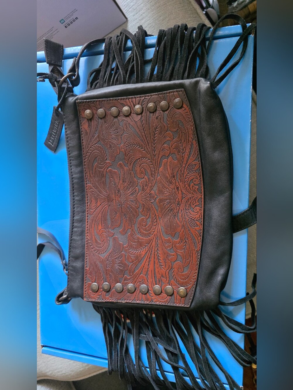 Idyllwind Black and Brown Tooled Fringe Crossbody Bag